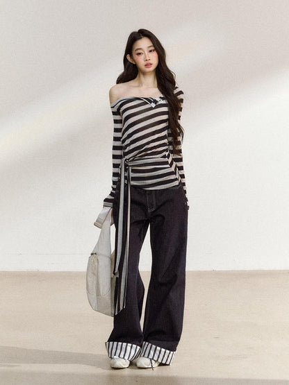 7Shiftin Black White Striped Asymmetric Tie Shoulder Women&