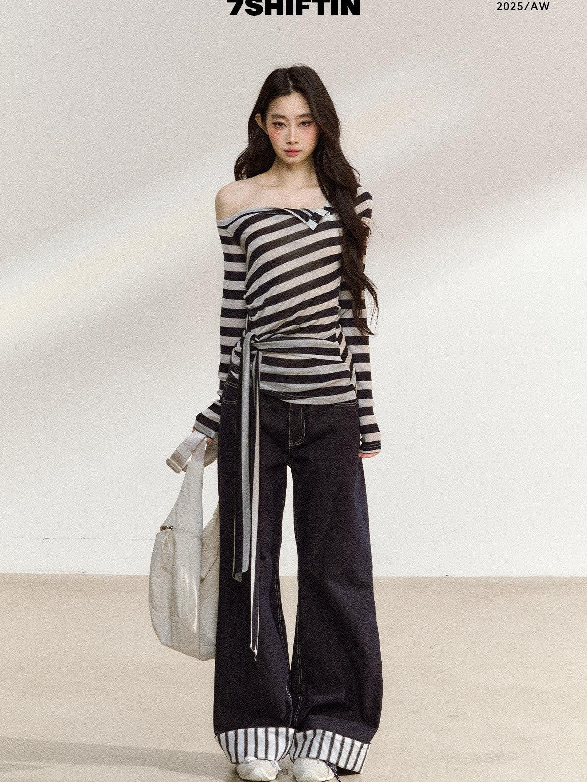 7Shiftin Black White Striped Asymmetric Tie Shoulder Women&