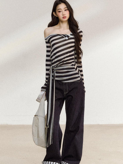 7Shiftin Black White Striped Asymmetric Tie Shoulder Women&