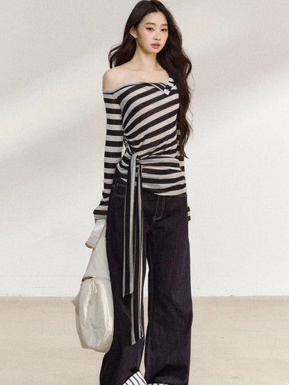 7Shiftin Black White Striped Asymmetric Tie Shoulder Women&