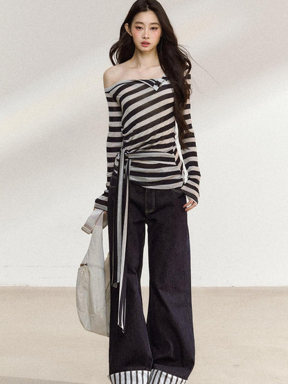 7Shiftin Black White Striped Asymmetric Tie Shoulder Women&