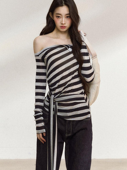 7Shiftin Black White Striped Asymmetric Tie Shoulder Women&