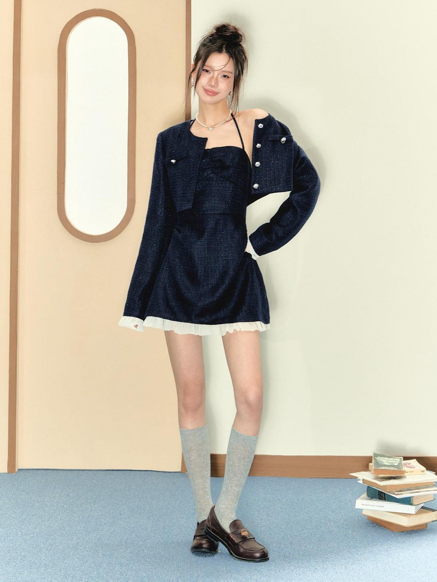 7Shiftin Blue Boucle Slim Short Jacket Two Piece Women&