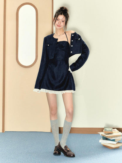 7Shiftin Blue Boucle Slim Short Jacket Two Piece Women&