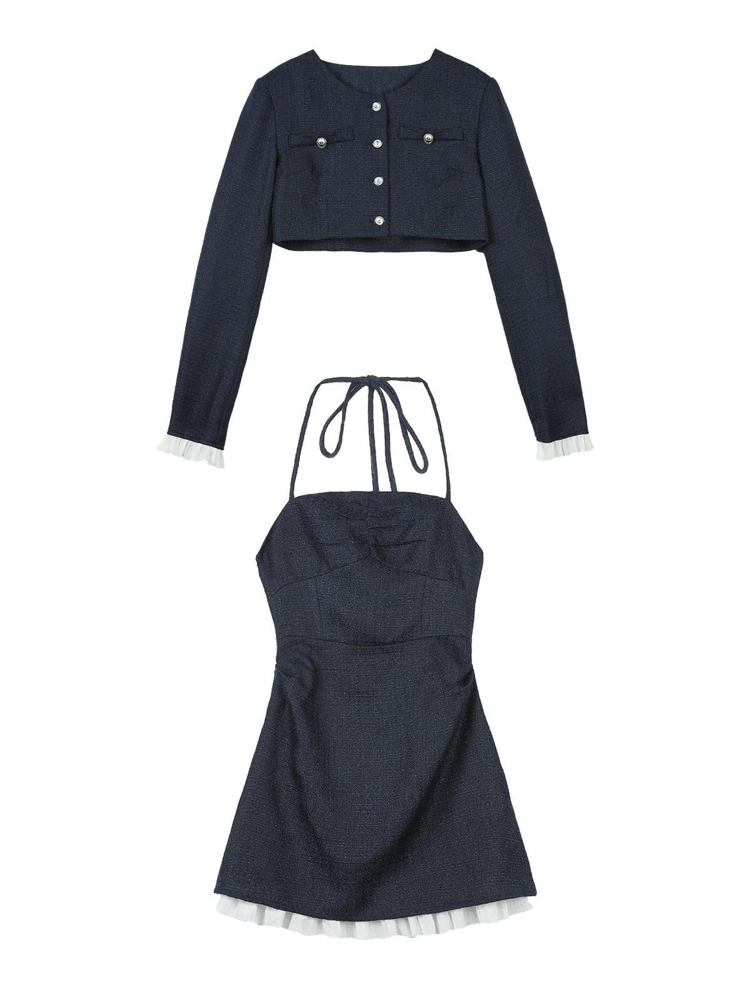 7Shiftin Blue Boucle Slim Short Jacket Two Piece Women&