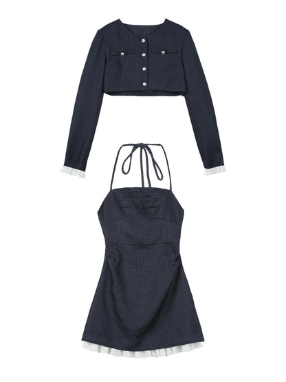 7Shiftin Blue Boucle Slim Short Jacket Two Piece Women&