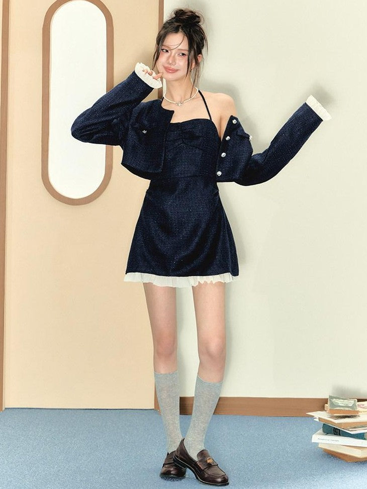 7Shiftin Blue Boucle Slim Short Jacket Two Piece Women&