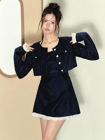 7Shiftin Blue Boucle Slim Short Jacket Two Piece Women&
