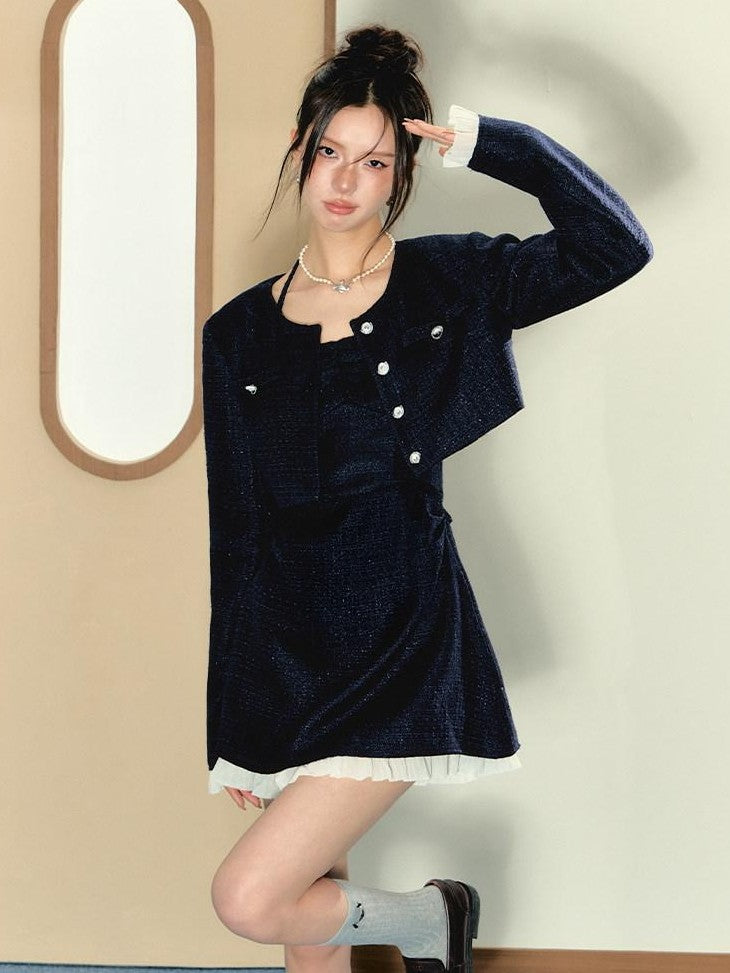 7Shiftin Blue Boucle Slim Short Jacket Two Piece Women&