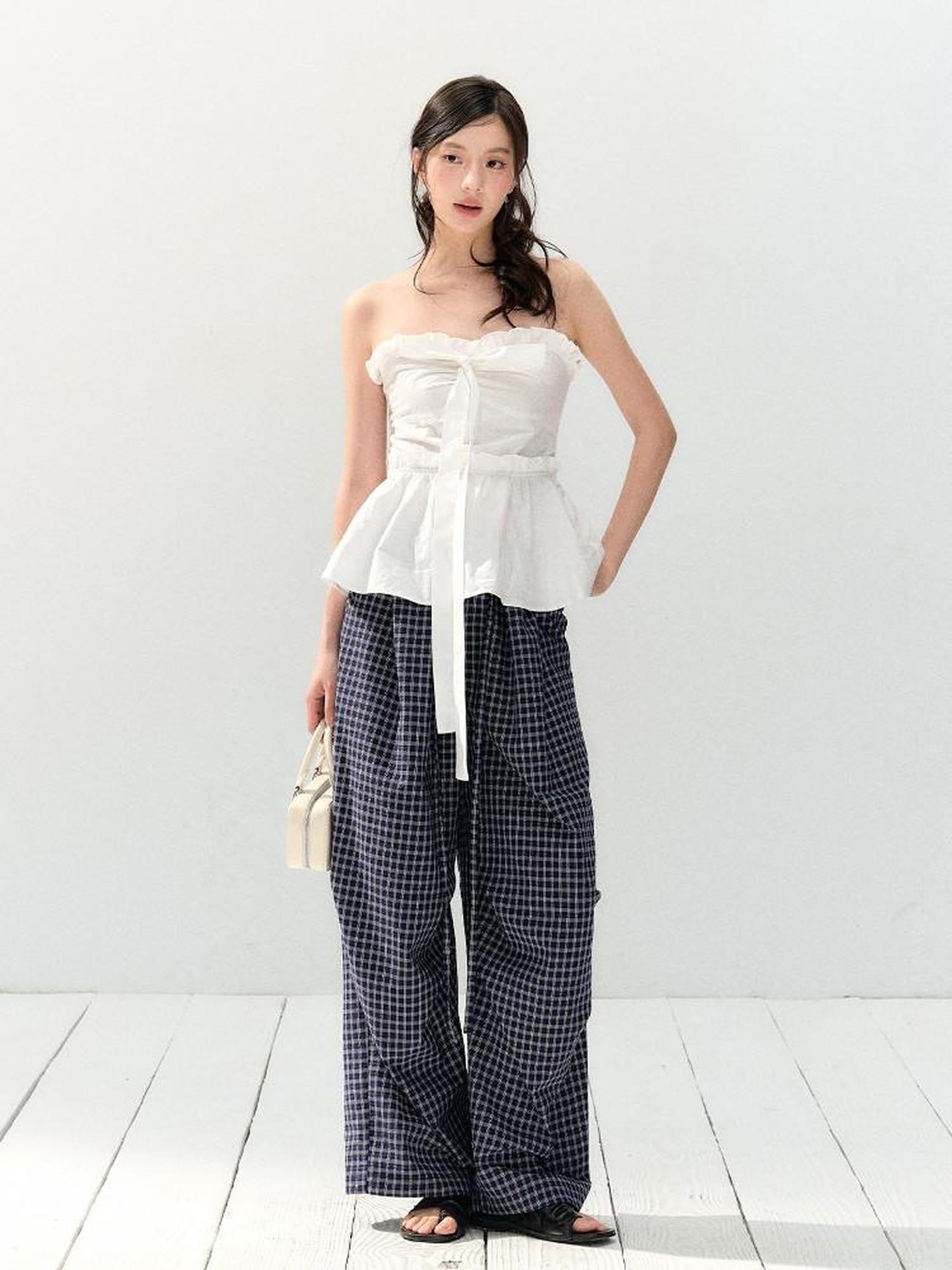 7Shiftin Blue Checked Pocket Relaxed Natural Waist Women&