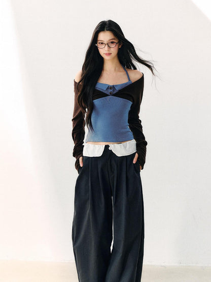 7Shiftin Blue Colorblock Faux Two Piece Collared Off Shoulder Cropped Women&