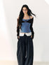 7Shiftin Blue Colorblock Faux Two Piece Collared Off Shoulder Cropped Women&