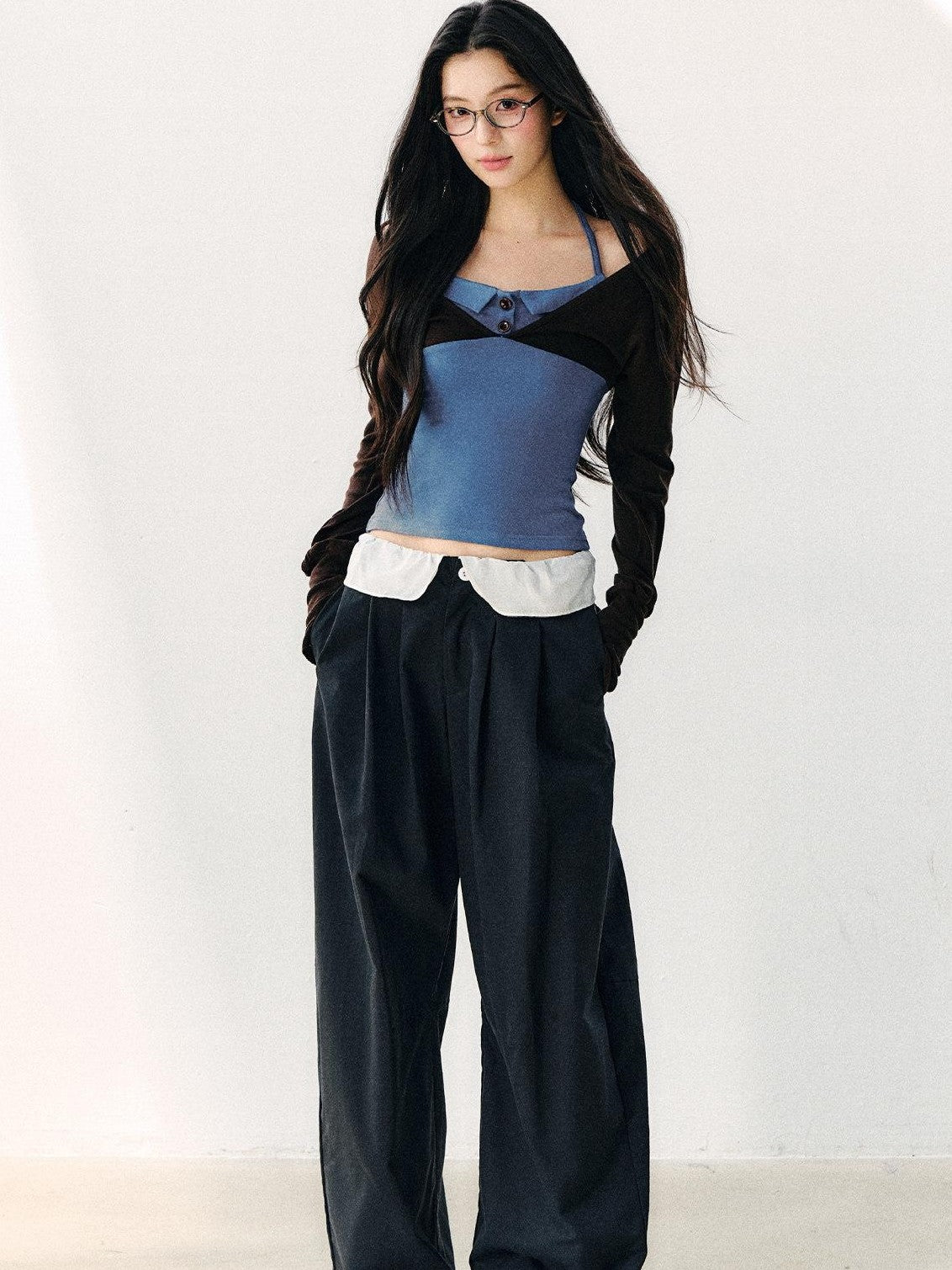 7Shiftin Blue Colorblock Faux Two Piece Collared Off Shoulder Cropped Women&