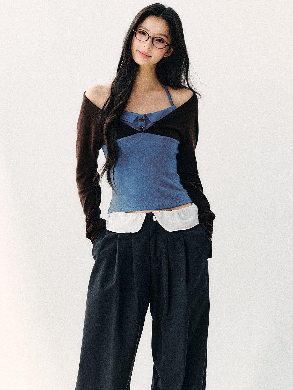7Shiftin Blue Colorblock Faux Two Piece Collared Off Shoulder Cropped Women&