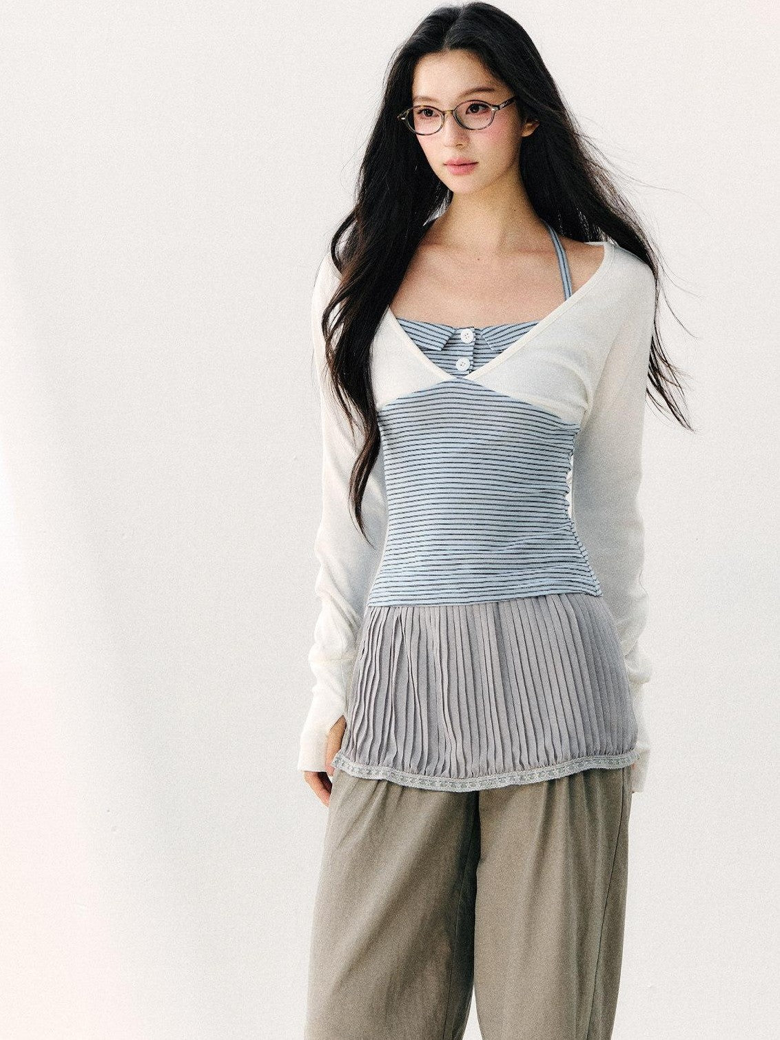 7Shiftin Blue Colorblock Faux Two Piece Collared Off Shoulder Cropped Women&