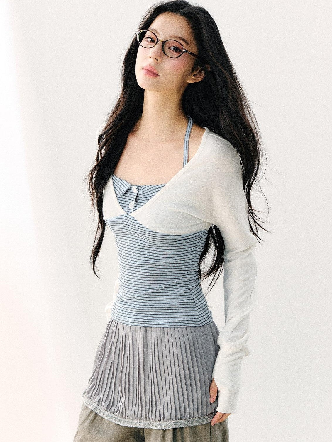 7Shiftin Blue Colorblock Faux Two Piece Collared Off Shoulder Cropped Women&
