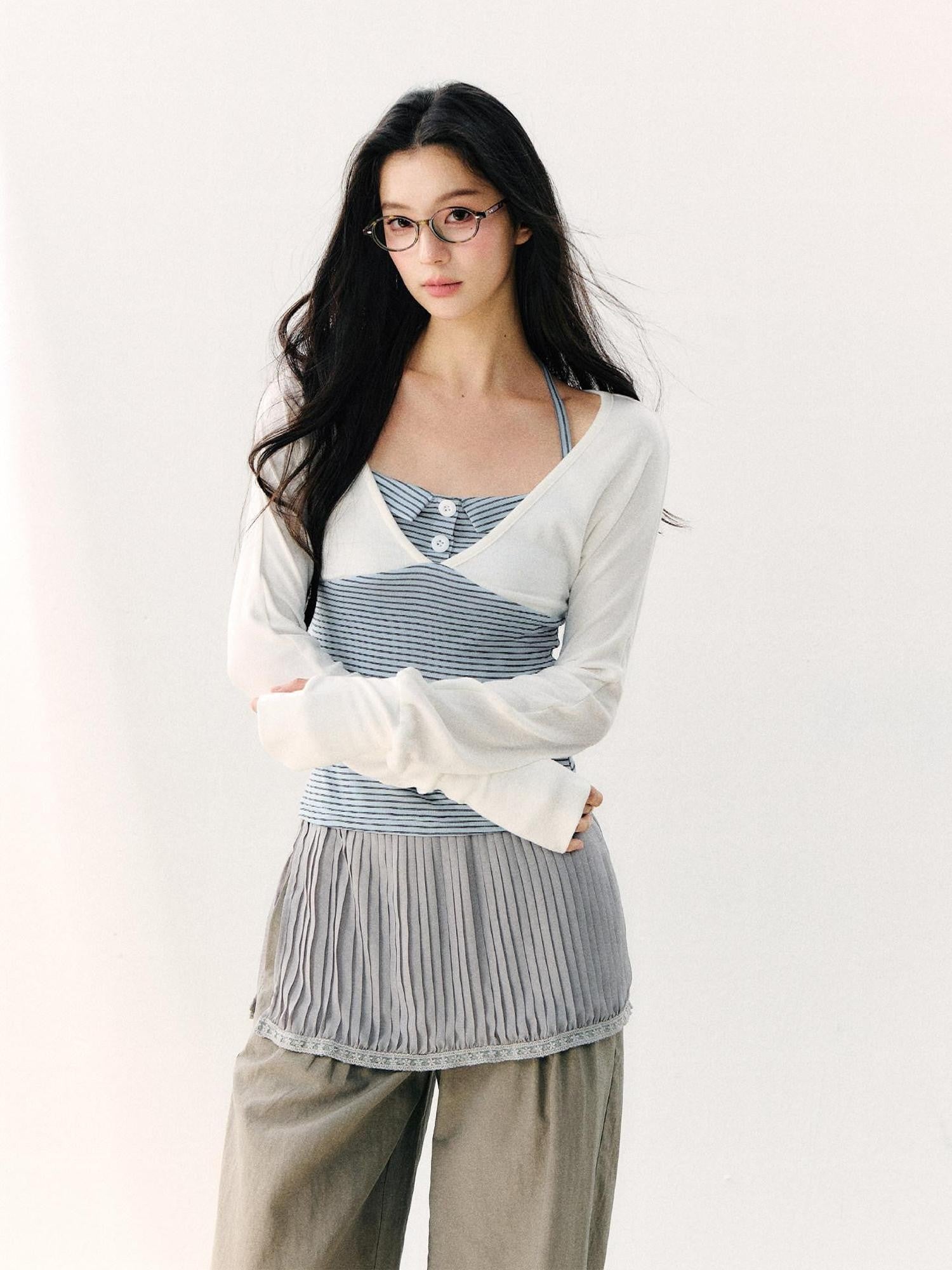 7Shiftin Blue Colorblock Faux Two Piece Collared Off Shoulder Cropped Women&