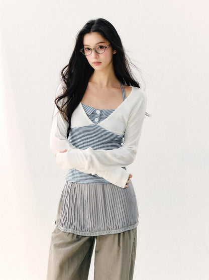 7Shiftin Blue Colorblock Faux Two Piece Collared Off Shoulder Cropped Women&