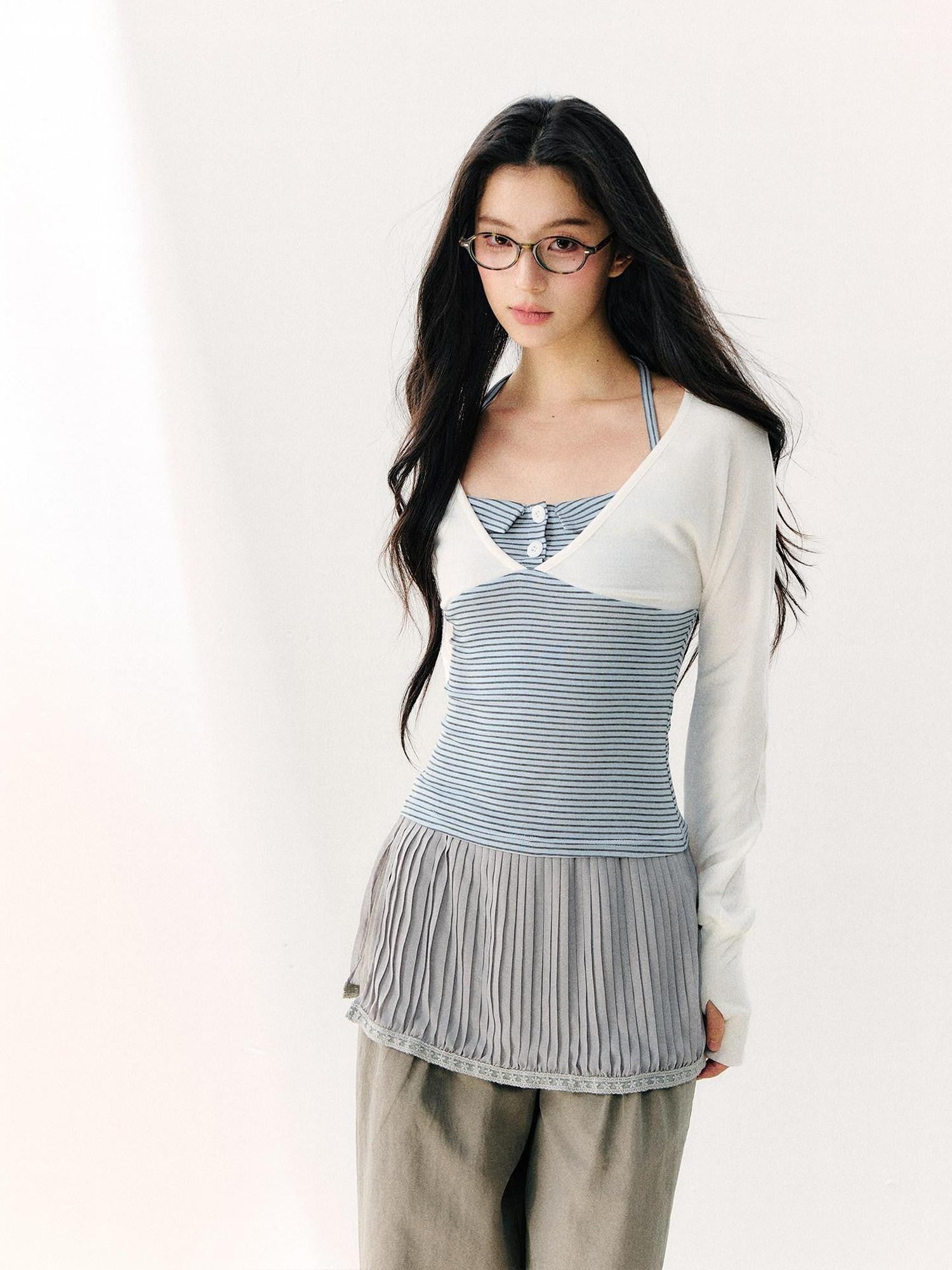 7Shiftin Blue Colorblock Faux Two Piece Collared Off Shoulder Cropped Women&