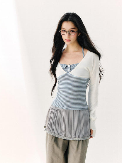7Shiftin Blue Colorblock Faux Two Piece Collared Off Shoulder Cropped Women&