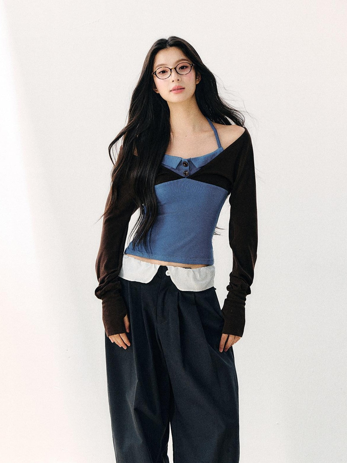 7Shiftin Blue Colorblock Faux Two Piece Collared Off Shoulder Cropped Women&