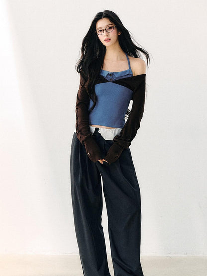 7Shiftin Blue Colorblock Faux Two Piece Collared Off Shoulder Cropped Women&