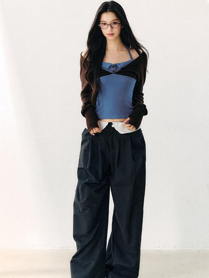 7Shiftin Blue Colorblock Faux Two Piece Collared Off Shoulder Cropped Women&
