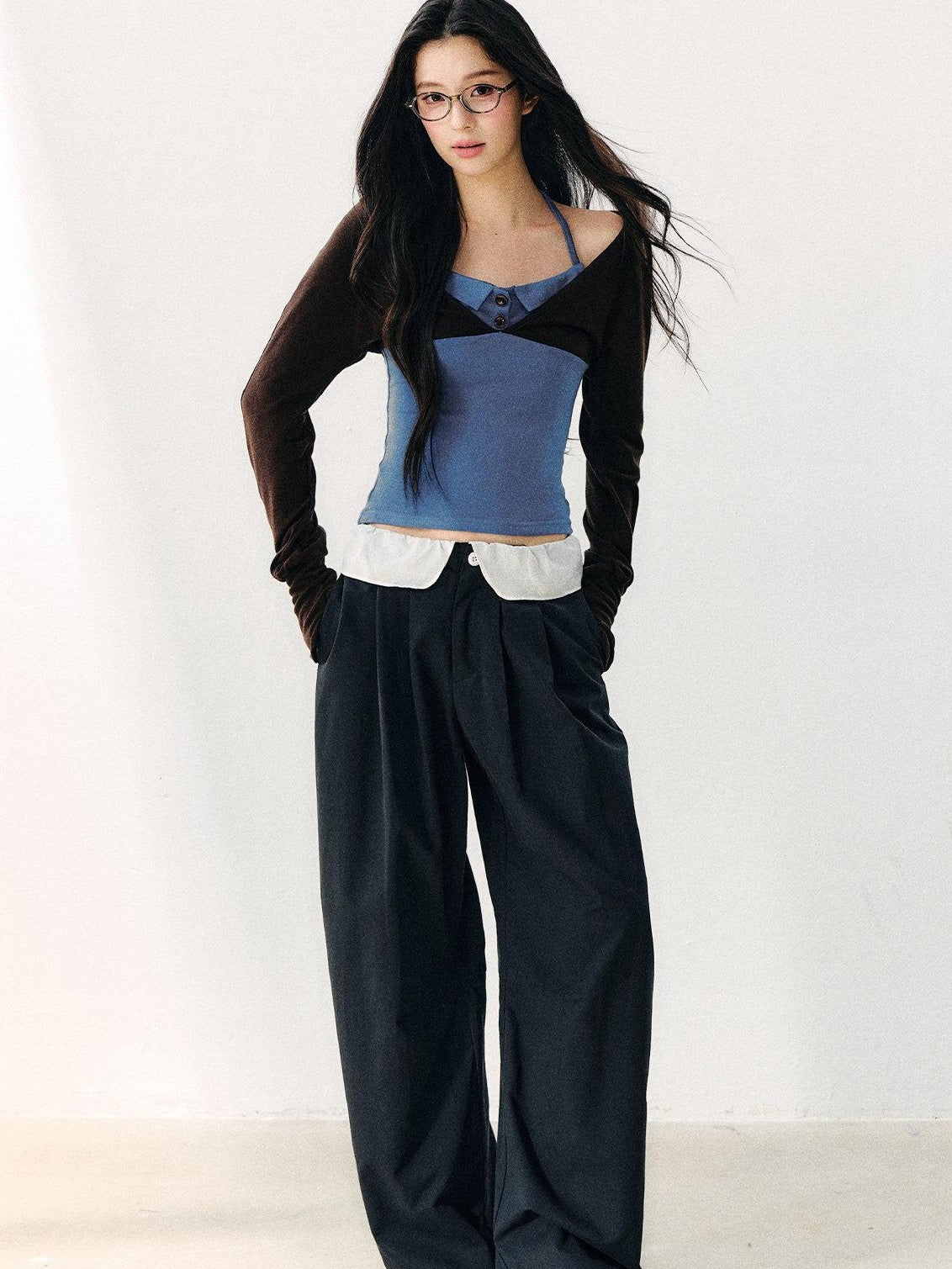 7Shiftin Blue Colorblock Faux Two Piece Collared Off Shoulder Cropped Women&