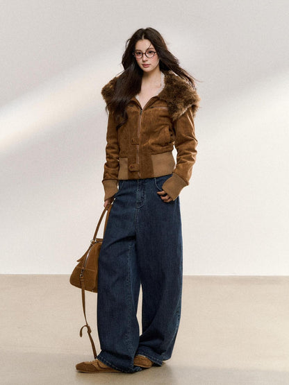 7Shiftin Brown Fur Collar Spliced Slim Cropped Women&