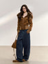 7Shiftin Brown Fur Collar Spliced Slim Cropped Women&