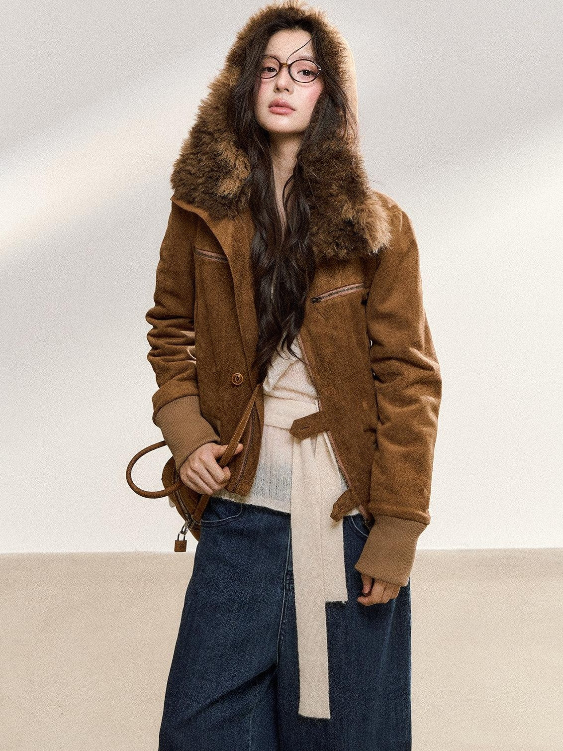 7Shiftin Brown Fur Collar Spliced Slim Cropped Women&