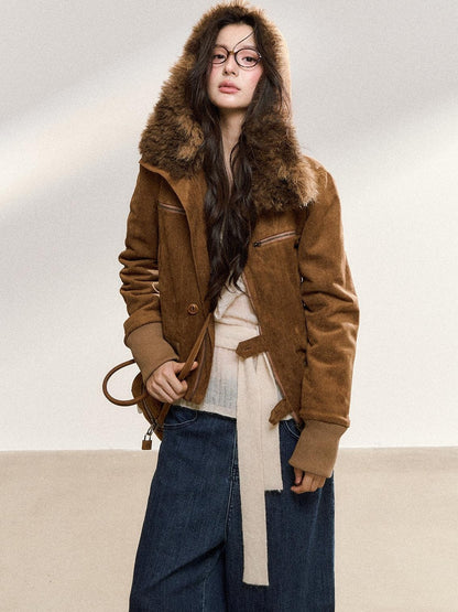 7Shiftin Brown Fur Collar Spliced Slim Cropped Women&