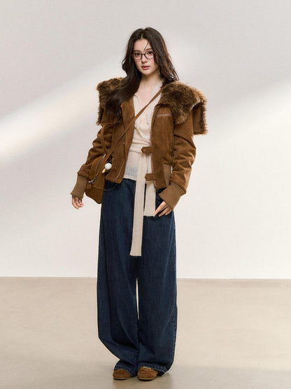 7Shiftin Brown Fur Collar Spliced Slim Cropped Women&