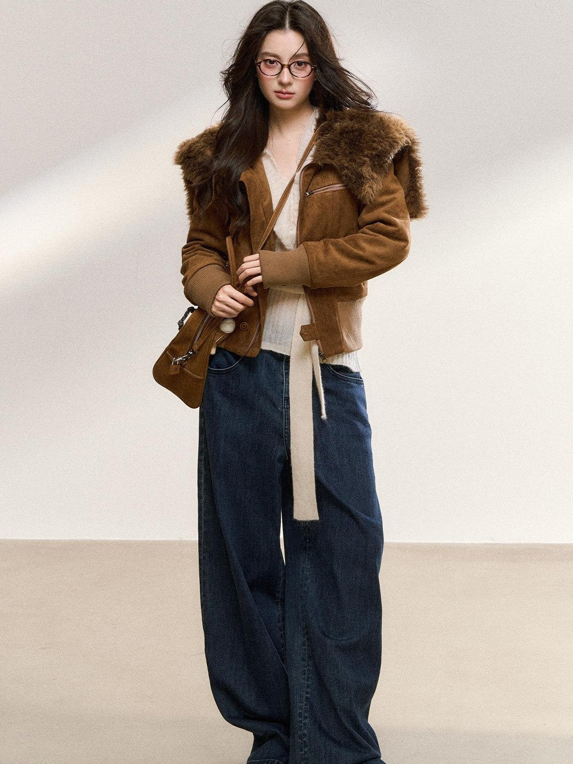 7Shiftin Brown Fur Collar Spliced Slim Cropped Women&