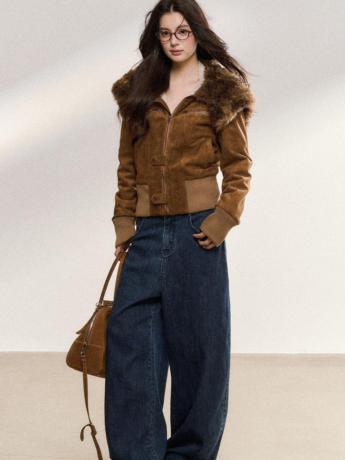 7Shiftin Brown Fur Collar Spliced Slim Cropped Women&