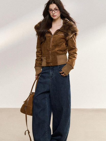 7Shiftin Brown Fur Collar Spliced Slim Cropped Women&