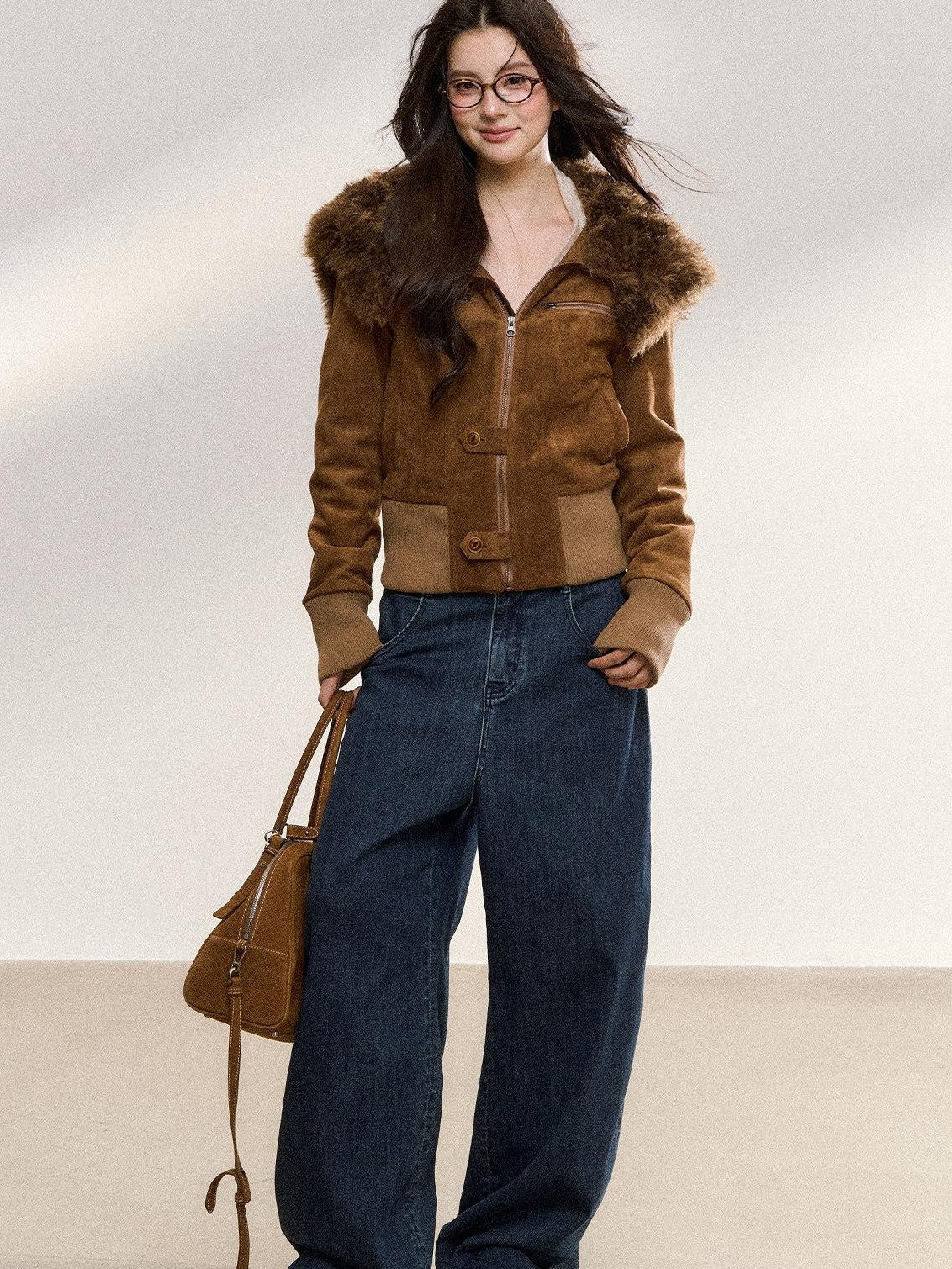 7Shiftin Brown Fur Collar Spliced Slim Cropped Women&