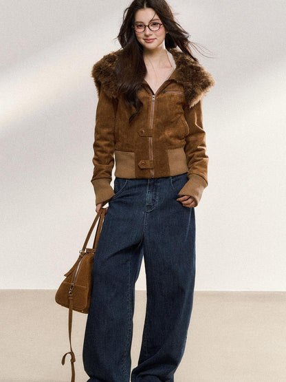 7Shiftin Brown Fur Collar Spliced Slim Cropped Women&