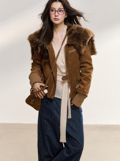 7Shiftin Brown Fur Collar Spliced Slim Cropped Women&