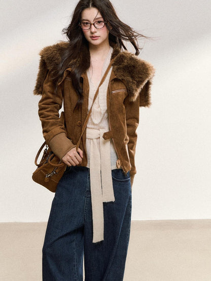 7Shiftin Brown Fur Collar Spliced Slim Cropped Women&