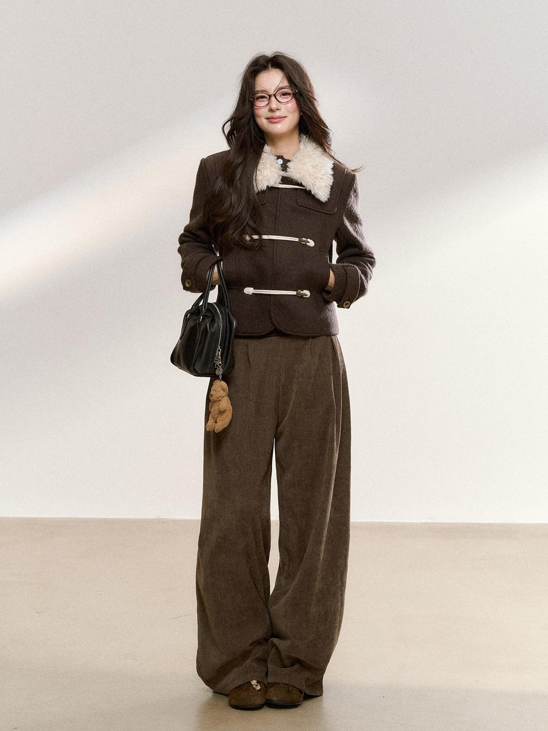 7Shiftin Brown Spliced Quilted Fur Collar Toggle Slim Women&