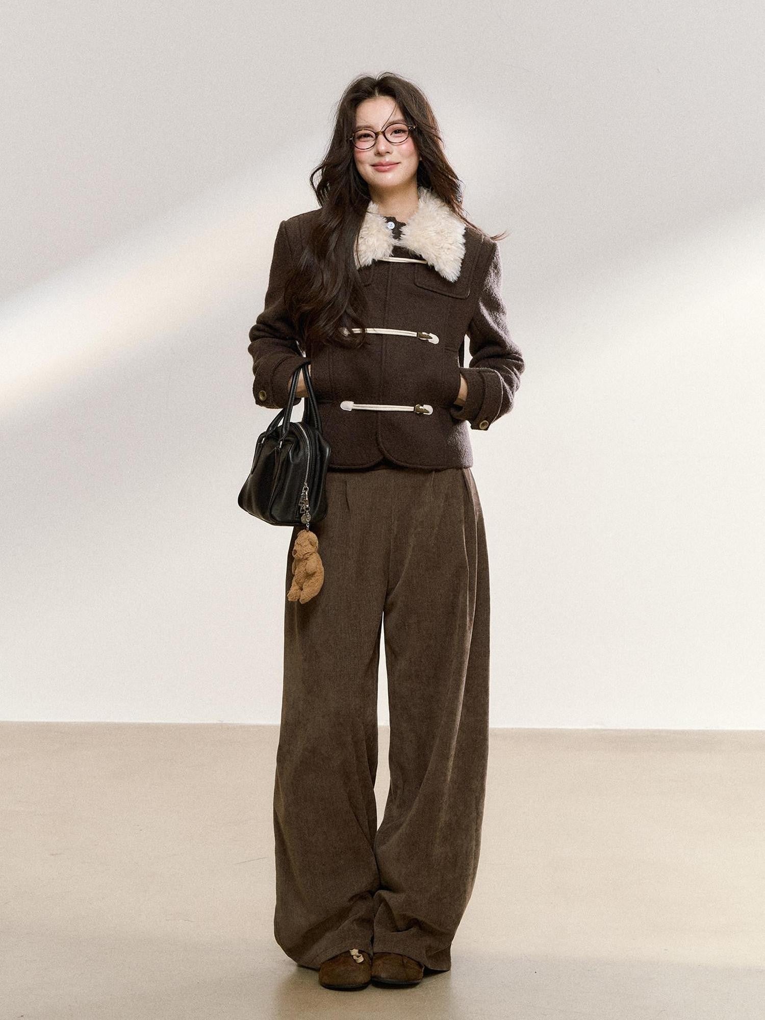 7Shiftin Brown Spliced Quilted Fur Collar Toggle Slim Women&