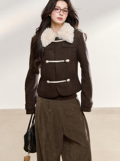 7Shiftin Brown Spliced Quilted Fur Collar Toggle Slim Women&
