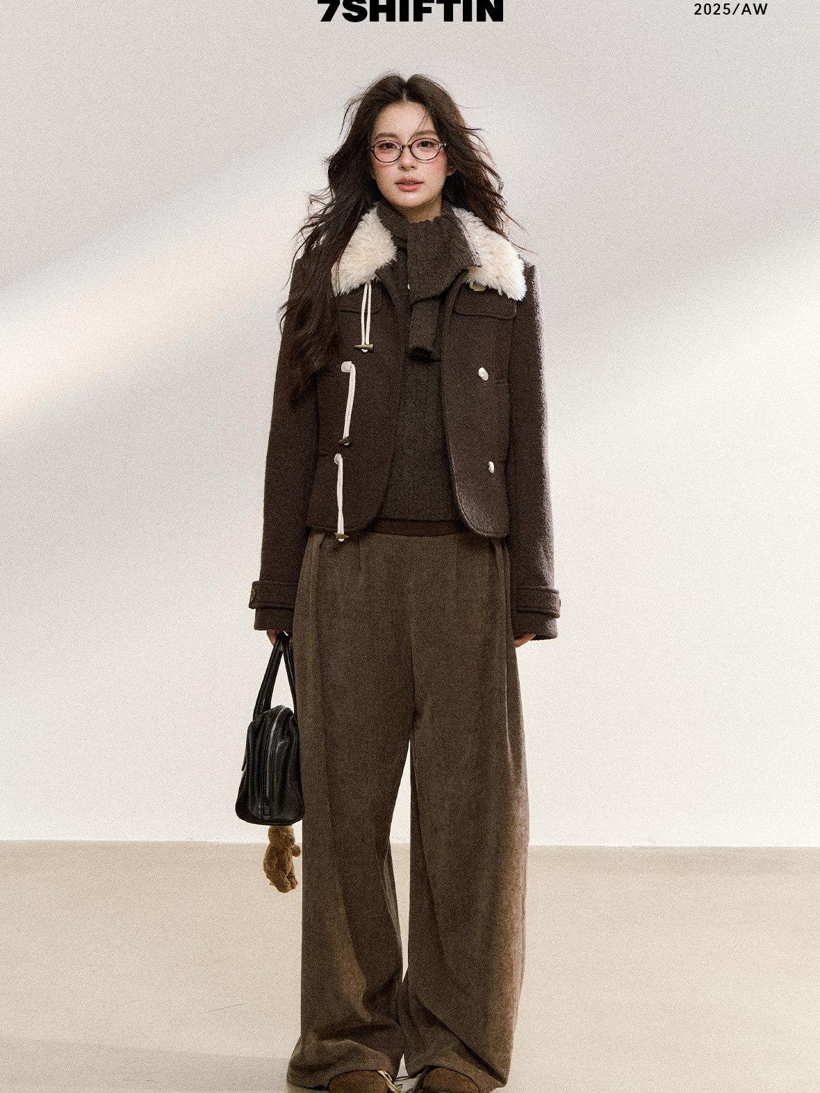 7Shiftin Brown Spliced Quilted Fur Collar Toggle Slim Women&