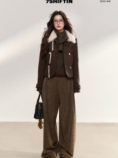7Shiftin Brown Spliced Quilted Fur Collar Toggle Slim Women&
