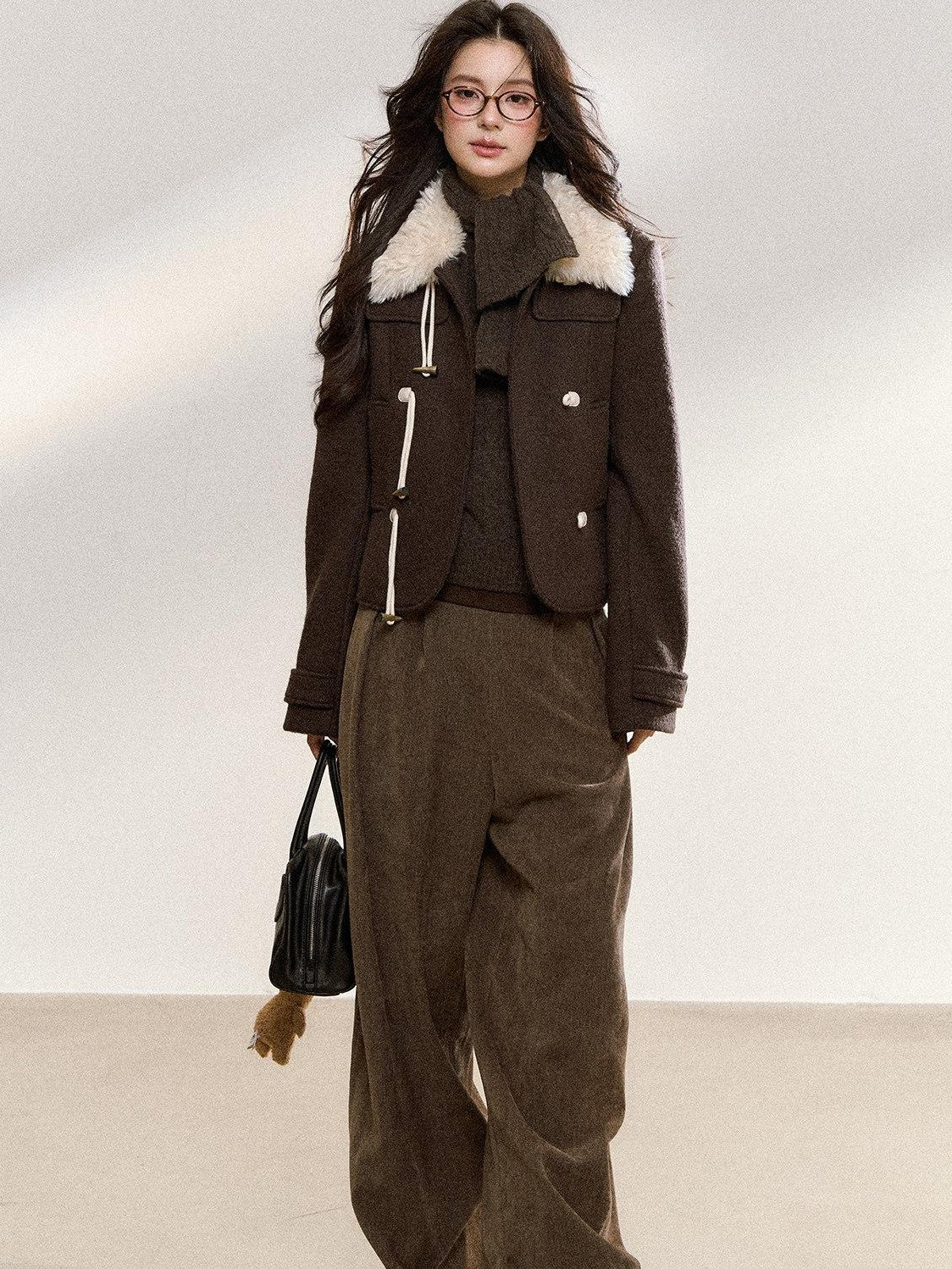 7Shiftin Brown Spliced Quilted Fur Collar Toggle Slim Women&