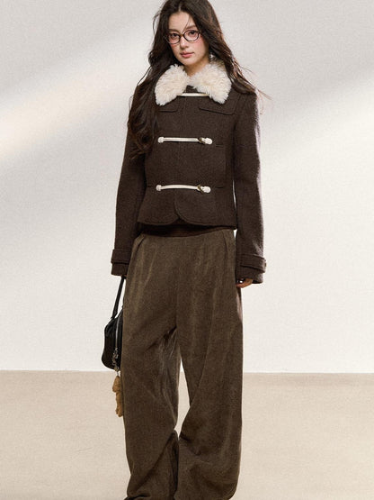 7Shiftin Brown Spliced Quilted Fur Collar Toggle Slim Women&