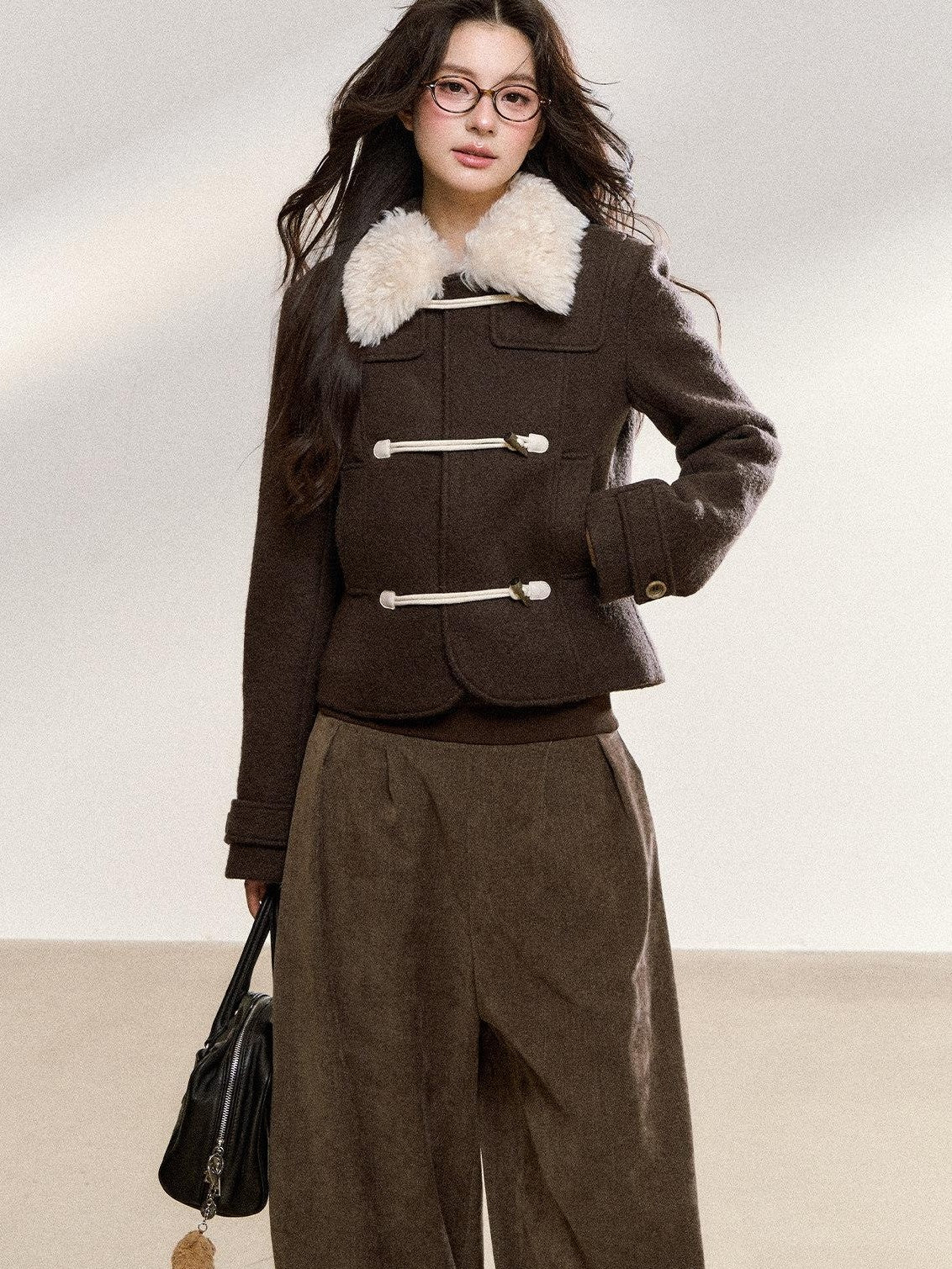 7Shiftin Brown Spliced Quilted Fur Collar Toggle Slim Women&