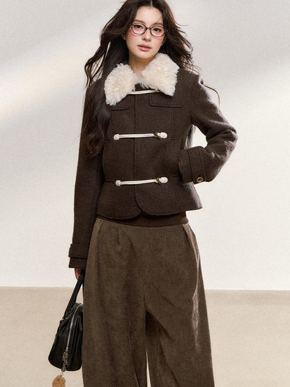 7Shiftin Brown Spliced Quilted Fur Collar Toggle Slim Women&