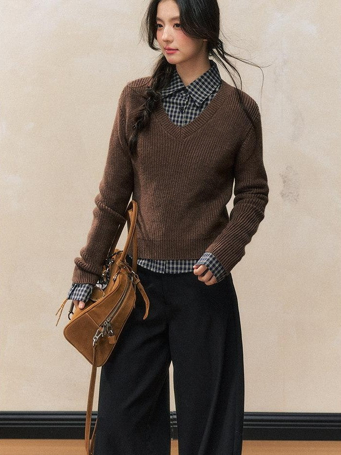 7Shiftin Chestnut Retro College Layered Pullover Shirt Women&